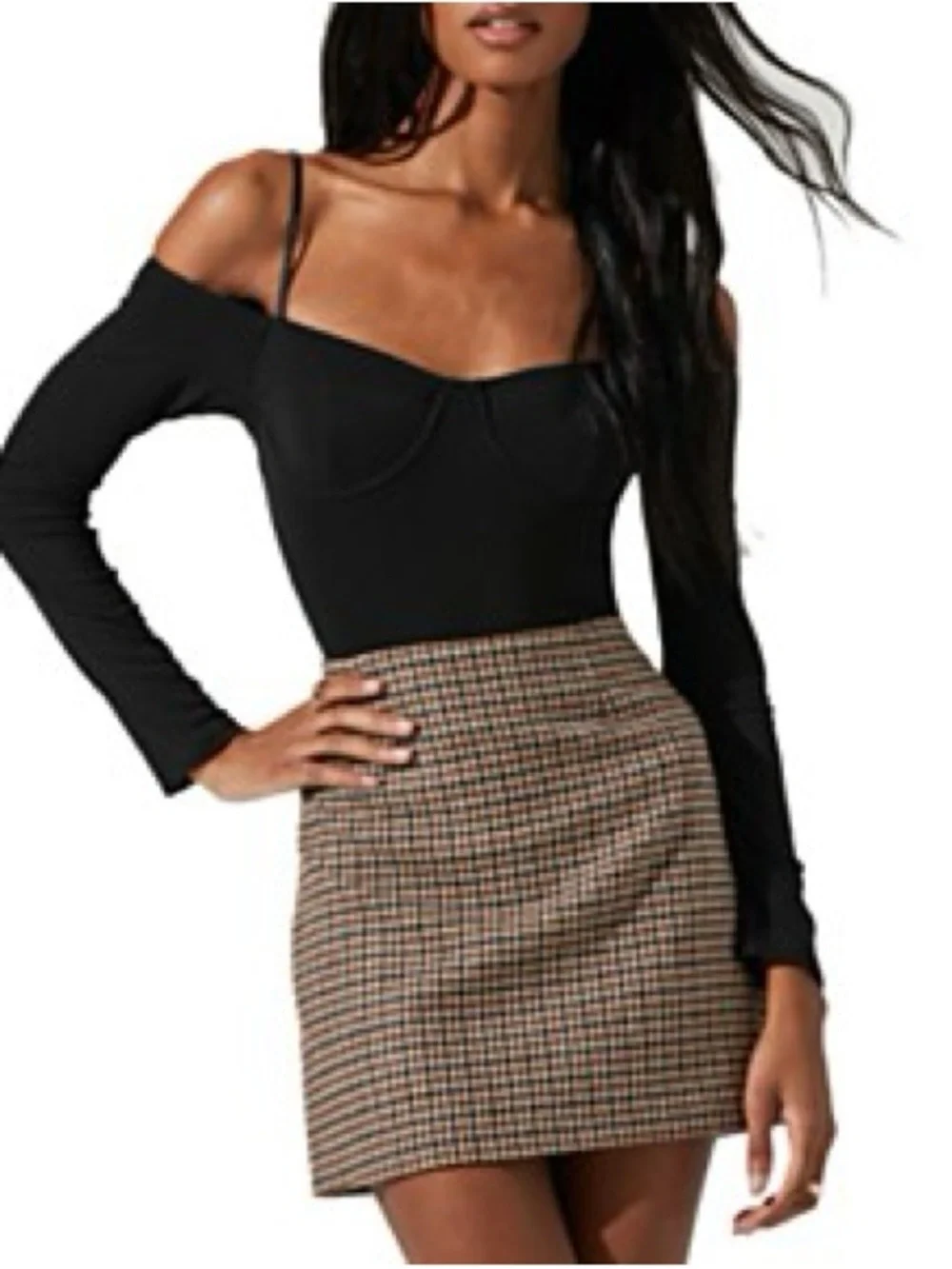 Astr Checked Mini Skirt in Brown, Black and Cream